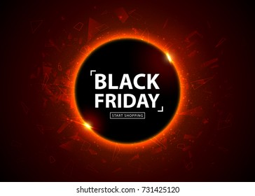Black Friday sale poster. Seasonal discount banner, place for text. Glowing colorful circle with red light effect on black abstract background. Design template for shopping, closeout, flyer, billboard