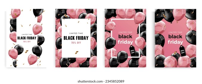 Cartel de venta del viernes negro con marcos blancos, confeti, globos brillantes rosas y negros sobre fondo rosa y blanco. Descuento. Ilustración del vector