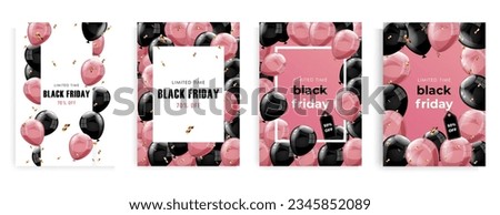 Black friday sale poster set with white frames, confetti, shiny pink and black balloons on pink and white backgrounds. Discount. Vector illustration