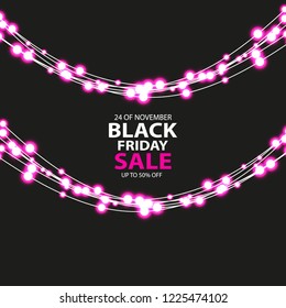 Black Friday sale poster with shining red light bulbs on dark background. Vector illustration