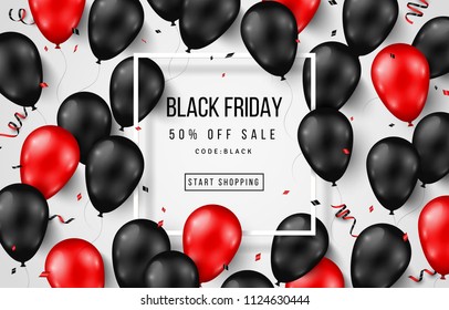 Black Friday Sale Poster with Shiny Balloons and Serpentine on White Background with Square Frame. Vector illustration.