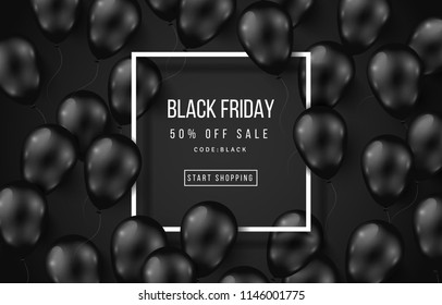 Black Friday Sale Poster with Shiny Balloons on Dark Background with Square Frame. Vector illustration.