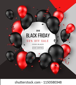 Black Friday Sale Poster with Shiny Balloons and Confetti on Modern Geometric Background with Round Frame. Vector illustration.