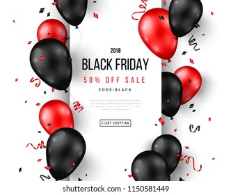 Black Friday Sale poster with shiny balloons, confetti and vertical frame. Vector illustration.