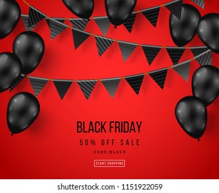 Black Friday Sale Poster with Shiny Balloons and Flag Garlands. Vector illustration.