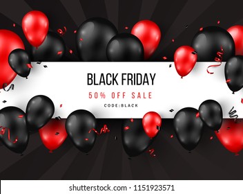 Black Friday Sale poster with shiny balloons, confetti and horizontal frame. Vector illustration.