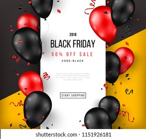 Black Friday Sale poster with shiny balloons, confetti and vertical frame. Vector illustration.