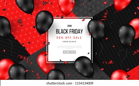 Black Friday Sale Poster with Shiny Balloons and Confetti on Modern Geometric Background with Square Frame. Vector illustration.