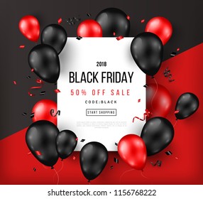 Black Friday Sale Poster with Shiny Balloons and Confetti on Modern Geometric Background with Square Frame. Vector illustration.