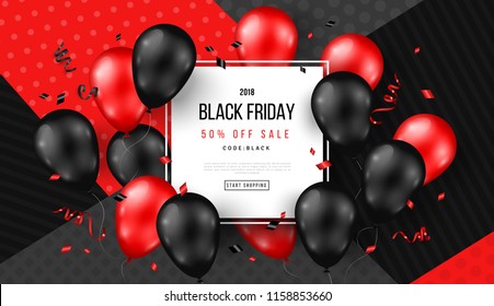 Black Friday Sale Poster with Shiny Balloons and Confetti on Modern Geometric Background with Square Frame. Vector illustration.