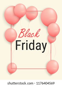 Black Friday Sale Poster with Shiny Balloons on Red Background with Square Frame. Vector illustration