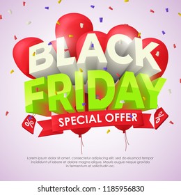 Black Friday sale poster with shiny balloons on light background with confetti. Beautiful discount and promotion banner. Template for ads in social networks. 3d letterse Vector image.
