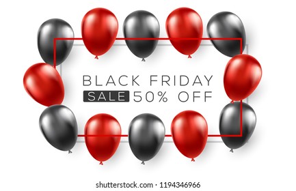 Black Friday Sale Poster with Shiny Balloons  Background with  Frame Vector illustration