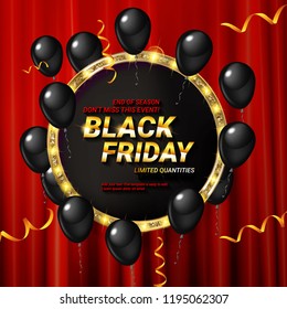 Black Friday Sale Poster with Shiny Balloons on on the background of a red curtain with round Frame. Vector illustration.