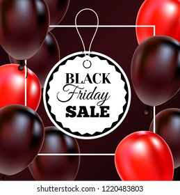Black Friday Sale Poster with Shiny Balloons on Black Background with Square Frame. Vector illustration.