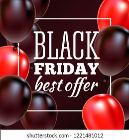 Black Friday Sale Poster with Shiny Balloons on Black Background with Square Frame. Vector illustration.