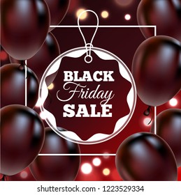 Black Friday Sale Poster with Shiny Balloons on Black Background with Square Frame. Vector illustration.