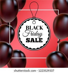 Black Friday Sale Poster with Shiny Balloons on Red Background with Square Frame. Vector illustration.