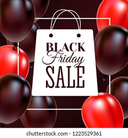Black Friday Sale Poster with Shiny Balloons on Black Background with Square Frame. Vector illustration.