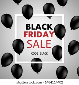 Black Friday sale poster with black shiny balloons on light grey background with square frame. Vector illustration.