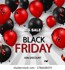 Black Friday Sale poster with shiny balloons and confetti. Universal vector background for poster, banners, flyers, card.