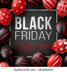 Black Friday Sale Poster with Shiny Balloons on black Background with glass Square Frame. Vector illustration.