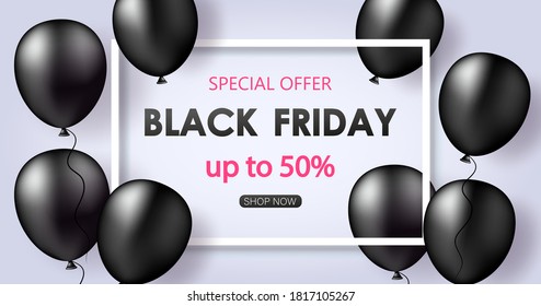 Black Friday Sale poster with shiny balloons, confetti.