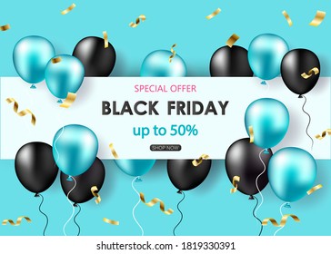 Black Friday Sale poster with shiny balloons, confetti.