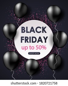 Black Friday Sale poster with shiny balloons, confetti.