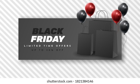Black Friday Sale Poster with Shiny Balloons on Black and White Background. Universal vector background for poster, banners, flyers, card. vector illustration