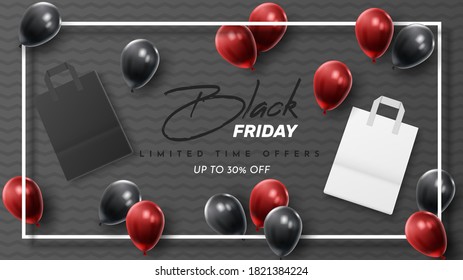 Black Friday Sale Poster with Shiny Balloons on Black and White Background. Universal vector background for poster, banners, flyers, card. vector illustration