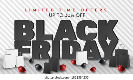 Black Friday Sale Poster with Shiny Balloons on Black and White Background. Universal vector background for poster, banners, flyers, card. vector illustration