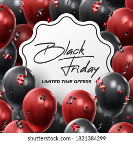Black Friday Sale Poster with Shiny Balloons on Black and White Background. Universal vector background for poster, banners, flyers, card. vector illustration