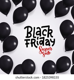 Afiche de venta del viernes negro con brillantes globos negros sobre fondo blanco en forma de marco cuadrado. Ilustración vectorial realista 3s con sombras. texto con letras dibujado a mano