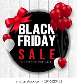 Black Friday Sale Poster with Shiny Balloons, red, white and ribbon on the newest White Background