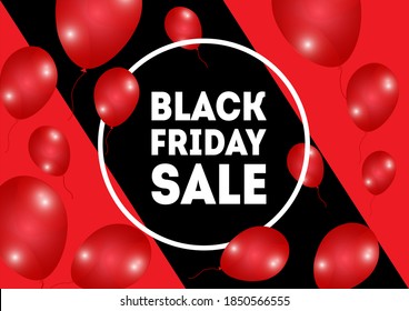 Black friday sale. Poster with shiny red balloons on black and red background. Vector leaflet.