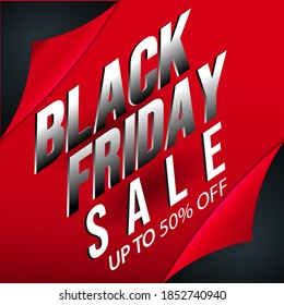 Black Friday Sale Poster with Shiny Balloons, red, pink, gold and ribbon, the latest special holiday day promo, in a modern style