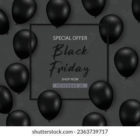 Black Friday Sale Poster with Shiny Balloons. Vector illustration. 