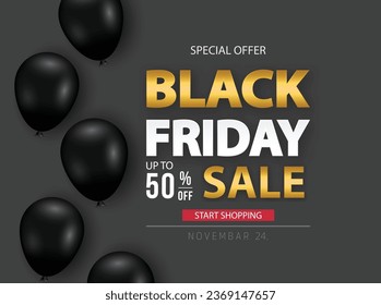 Black Friday Sale Poster with Shiny Balloons. Vector illustration.