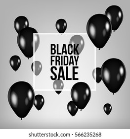 Black Friday Sale Poster with Shiny Balloons with Square Frame. Black Helium Balloons.