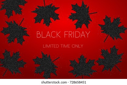 Black Friday sale poster with shiny maple leaves. Vector illustration.