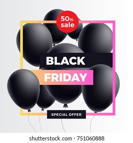 Black Friday Sale Poster with Shiny Balloons on White Background. Vector illustration.