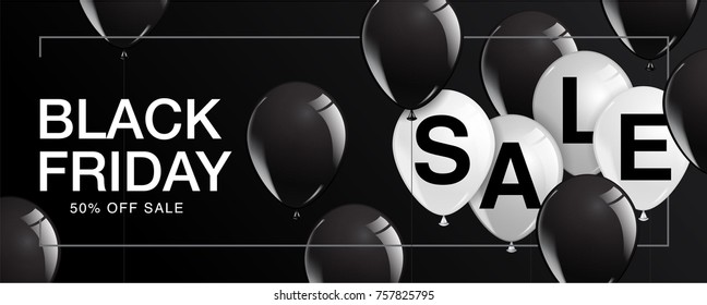 Black Friday Sale Poster with Shiny Balloons on Black Background with Square Frame. Vector illustration.