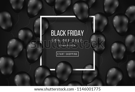 Black Friday Sale Poster with Shiny Balloons on Dark Background with Square Frame. Vector illustration.