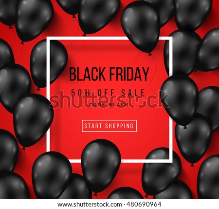 Black Friday Sale Poster with Shiny Balloons on Red Background with Square Frame. Vector illustration.