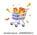 Black friday sale poster with shopping cart and bags for clothing. Digital marketing idea, 3d basket shop cart and presents, discount advertising concept. Big sale, shopping. Isolated 3D vector