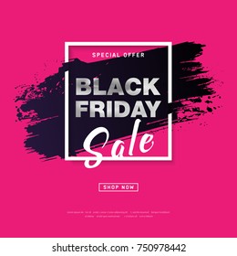 Black Friday Sale Poster with silver text on grunge brush stroke. Modern concept for cover design. Shopping discount promotion. Banner for business, promotion and advertising. Vector illustration.