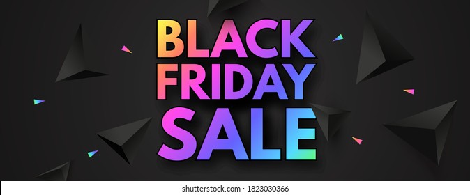 Black Friday Sale poster template. Super offer. 3D triangles and neon rainbow gradient effect.