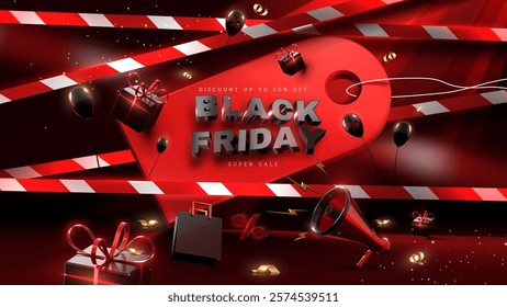 Black Friday sale poster template with promotional elements such as black gift boxes, balloons, megaphones, and 3D percentage signs.