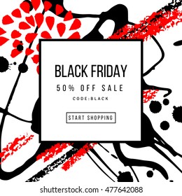 Black Friday Sale Poster Template with Square Frame and Paint Splashes. Vector illustration. Brush Strokes.